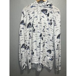 Polo Ralph Lauren Hoodie Men's XL Blue Hawaiian Deco Print Pullover White